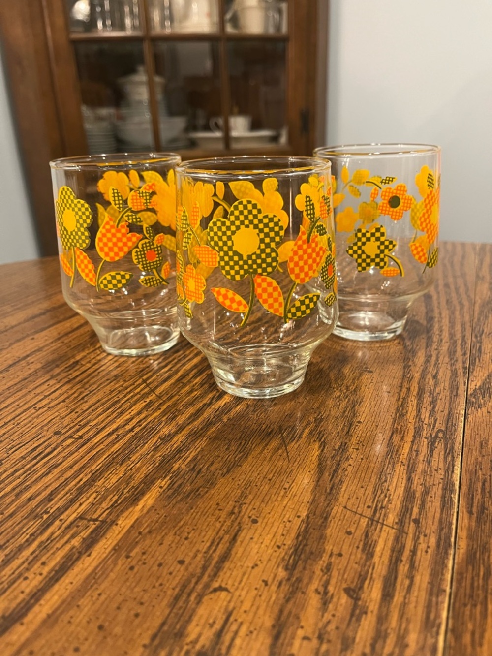 Retro Floral Juice Glasses - Yellow & Orange Flower Pattern (Set of 3)